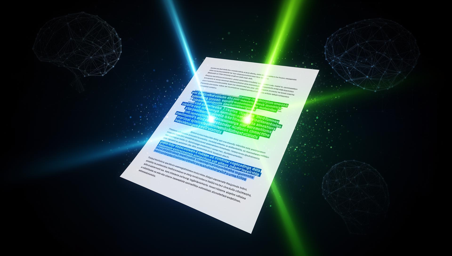 AI text analysis and detection visualization showing documents being scanned