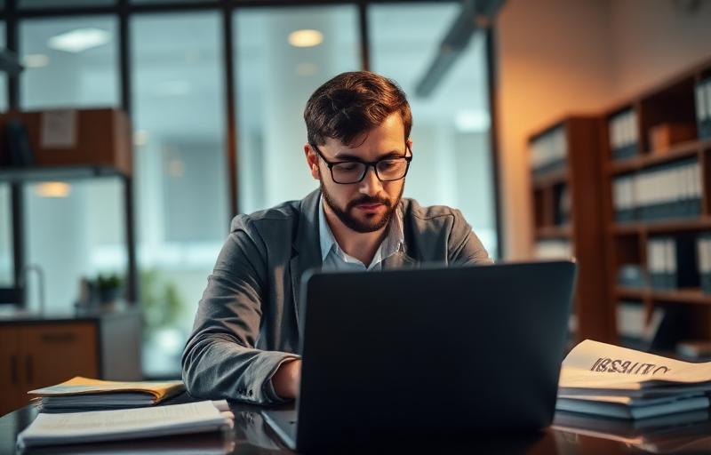 Researcher working on academic papers in modern office