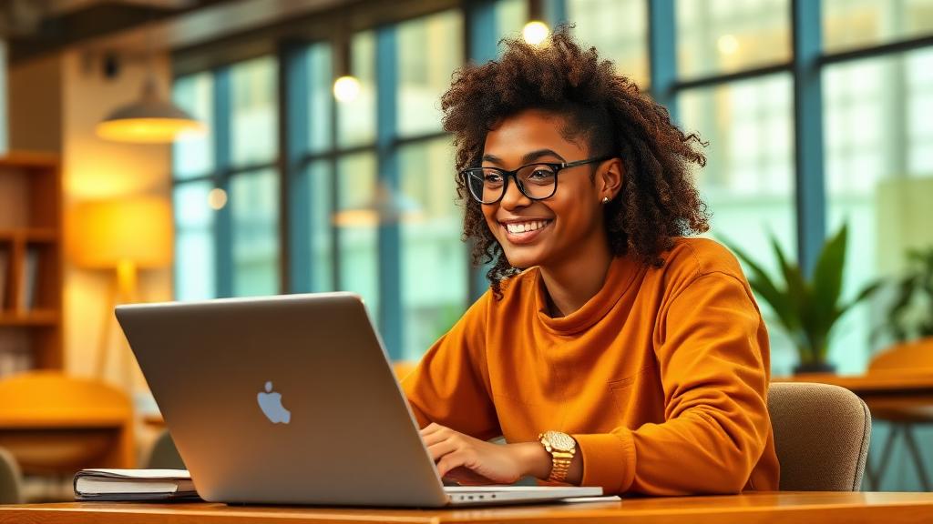 Happy student using laptop for academic writing